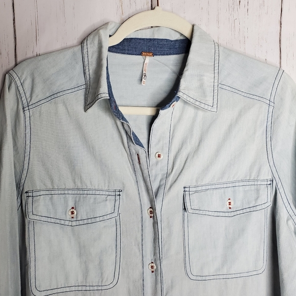 Free People Bandana Paisley Embroidered Denim Top - Picture 5 of 7